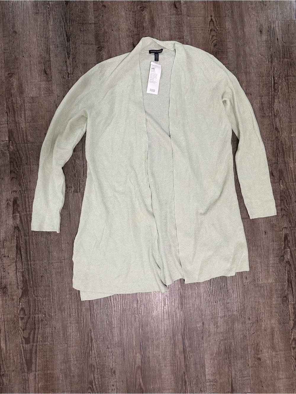 Eileen Fisher NWT Organic Linen Crepe Stretch Long Cardigan Mist Green Size M - Picture 2 of 6